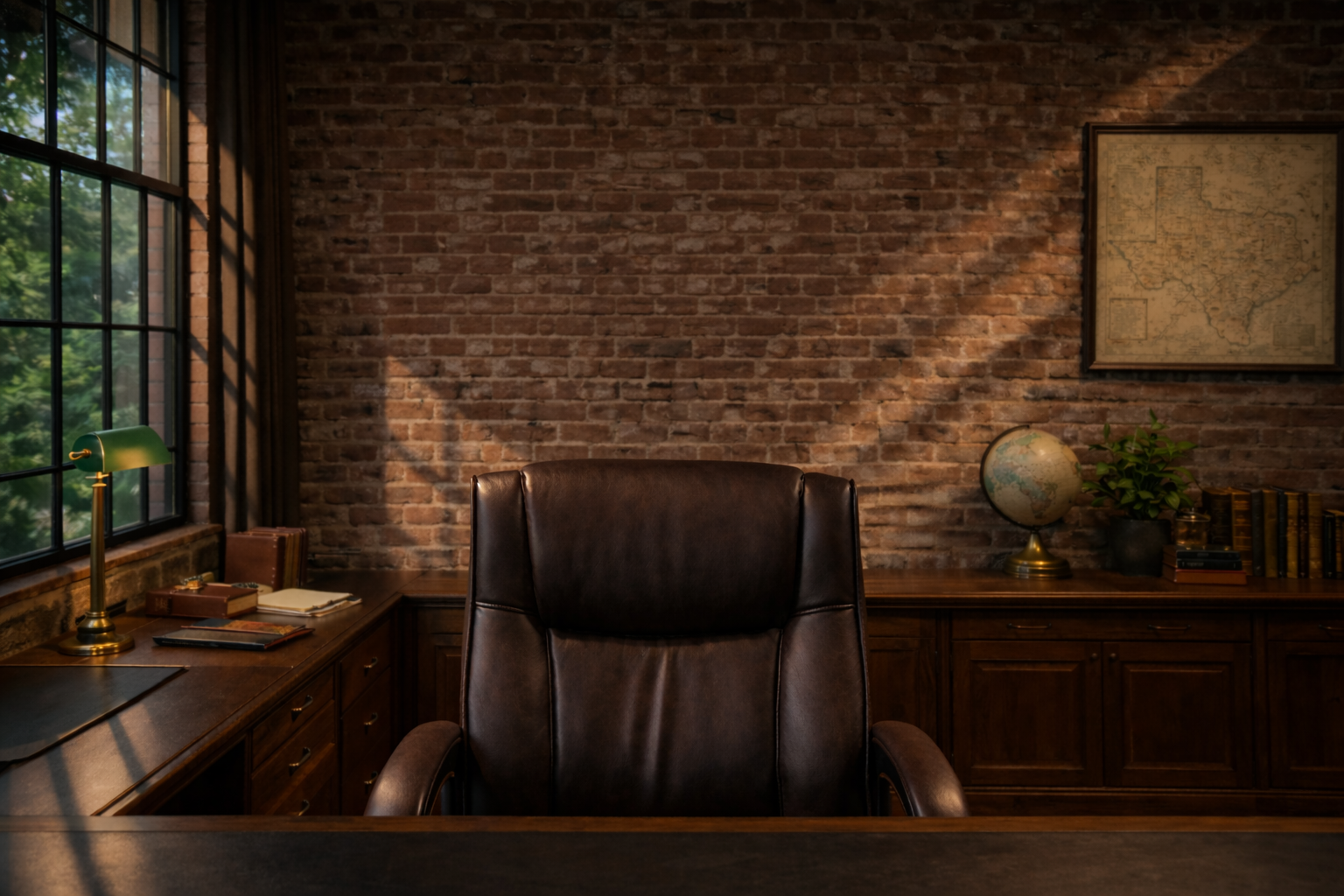 Rural Exports office: a leather chair before a brick wall with a map of Texas